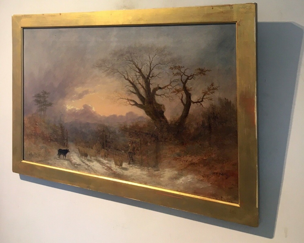 Indistinctly Signed Original English Antique Oil Painting on Canvas Sheep Figure & Snow Landscape