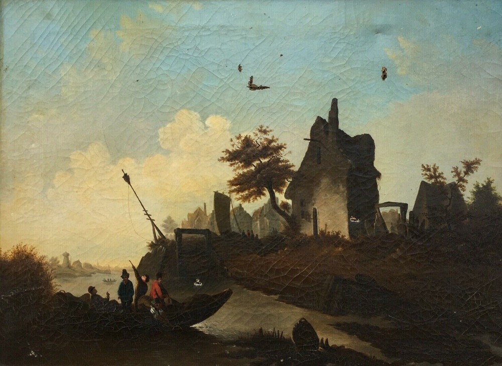 Signed Original Antique Dutch River Landscape with Figures, Canvas Oil Painting
