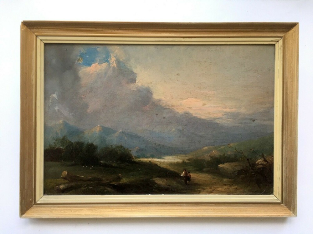 English Antique Original Oil Painting on Board Landscape with Figures and Mountains