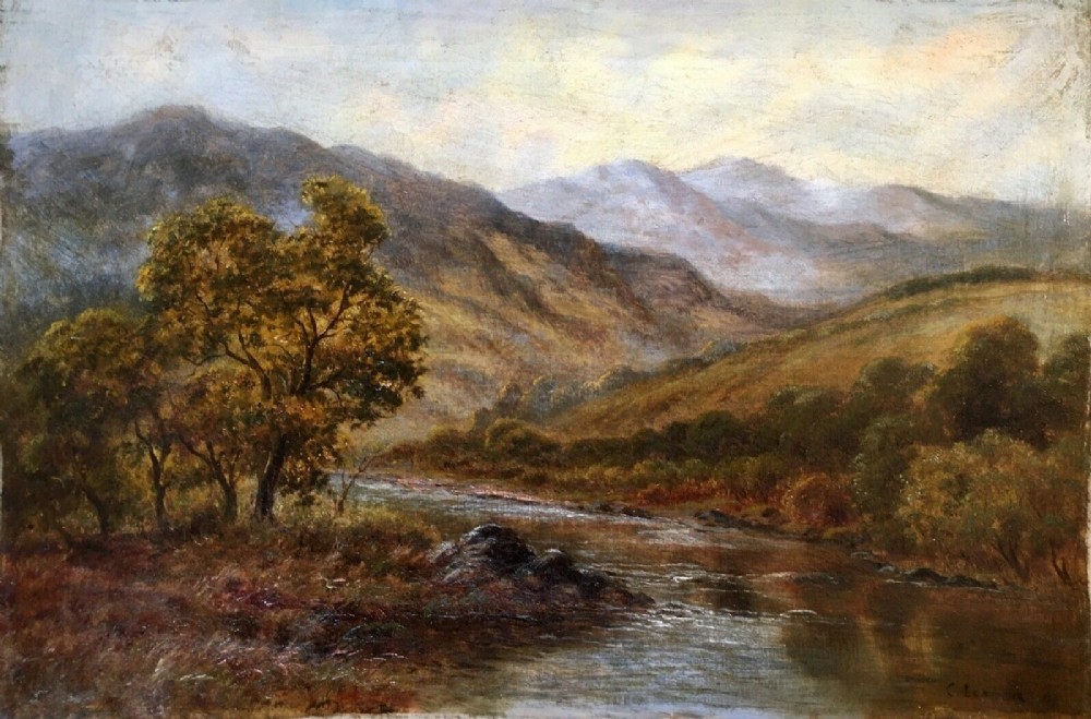 C LEAVER Signed Antique Original English Oil Painting on Canvas River & Mountain Landscape