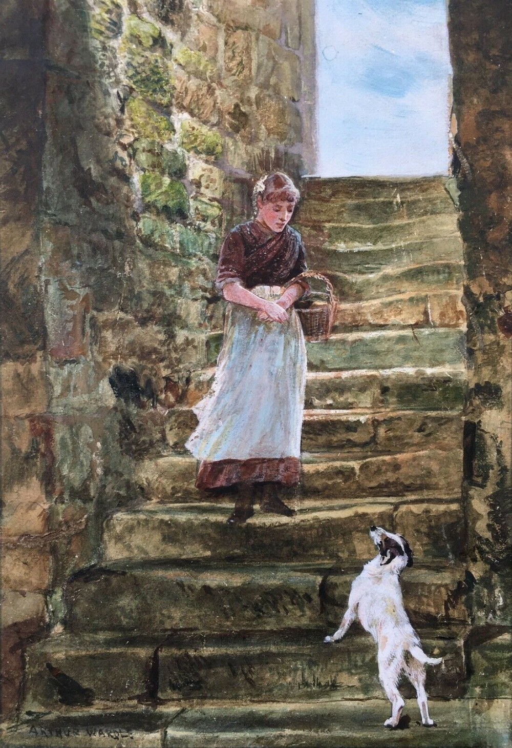 ARTHUR WARDLE Signed Original English Antique Watercolour Painting of Terrier Dog & Figure on Steps