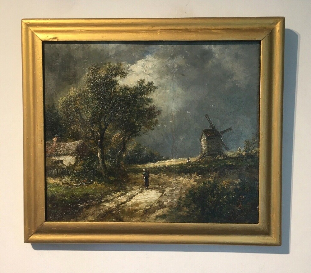 Joseph Thors Original Signed Antique English School Oil Painting on Panel Pastoral Landscape with Windmill