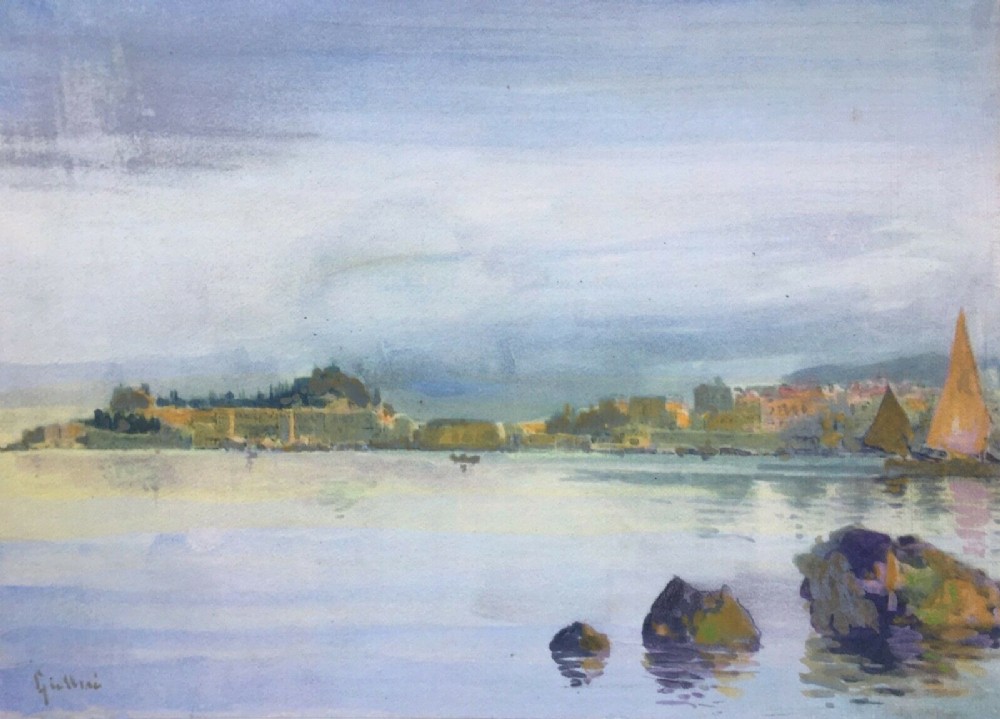 ANGELOS GIALLINA 1857-1939 Original Vintage Continental Watercolour Seascape Painting Corfu town from Vidos