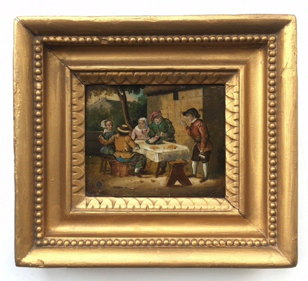 Dutch School Original Antique Frame & Oil Painting on Tin Outdoor Tavern Scene