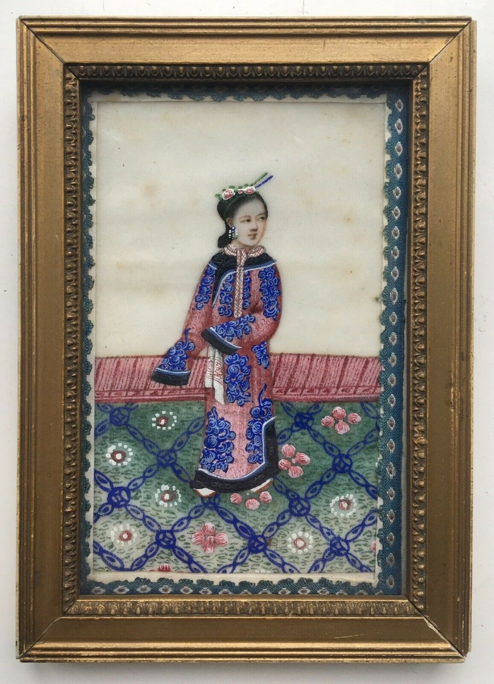Antique Original Oriental Chinese Pith Paper Painting Female Figure & Interior