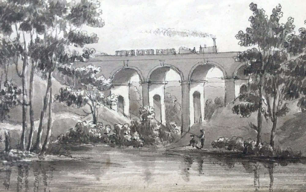 Sheffield Steam Train Wardsend Viaduct Original Antique Grisaille Watercolour Painting 
