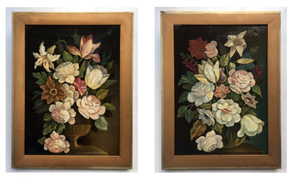 A Pair of Original 19th Century Antique Oil Paintings Still Life Floral Flower Studies on a Black Background