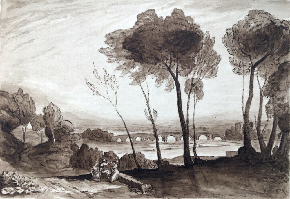 Attributed J M W TURNER Original Watercolour PRIVATE COLLECTION PROVENANCE from The Anderson Turner Collection Bridge & Figure Landscape