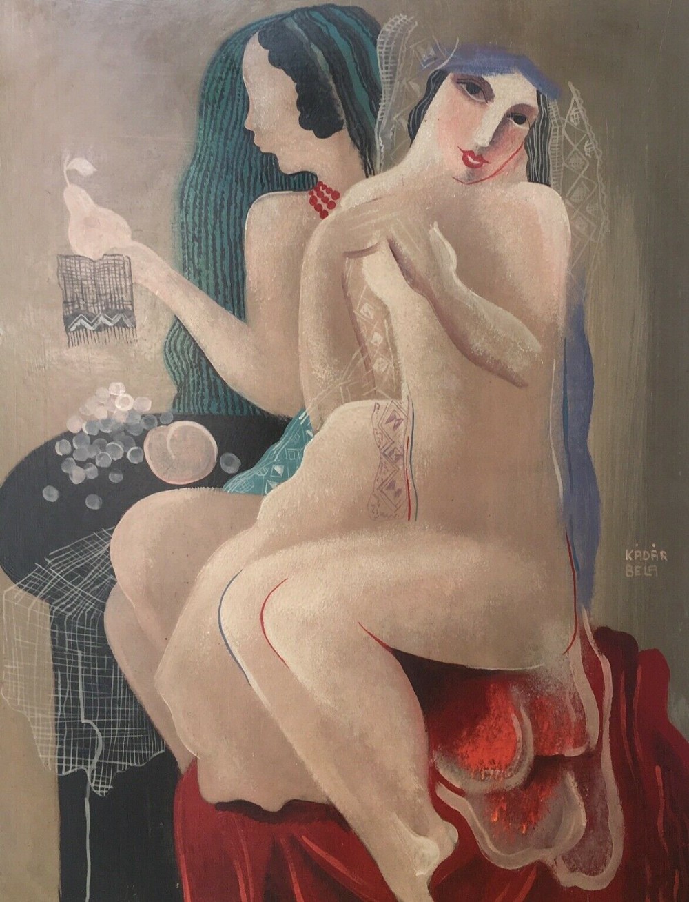 Attributed BELA KADAR bears Signature 2 Nude Ladies Original Modernist Expressionism Oil Painting
