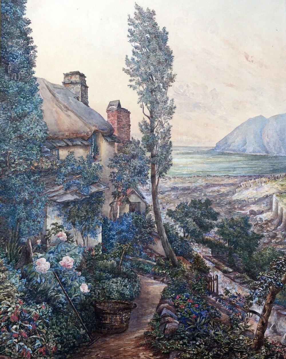 Original Signed Antique Watercolour Painting Cottage Garden with Seascape