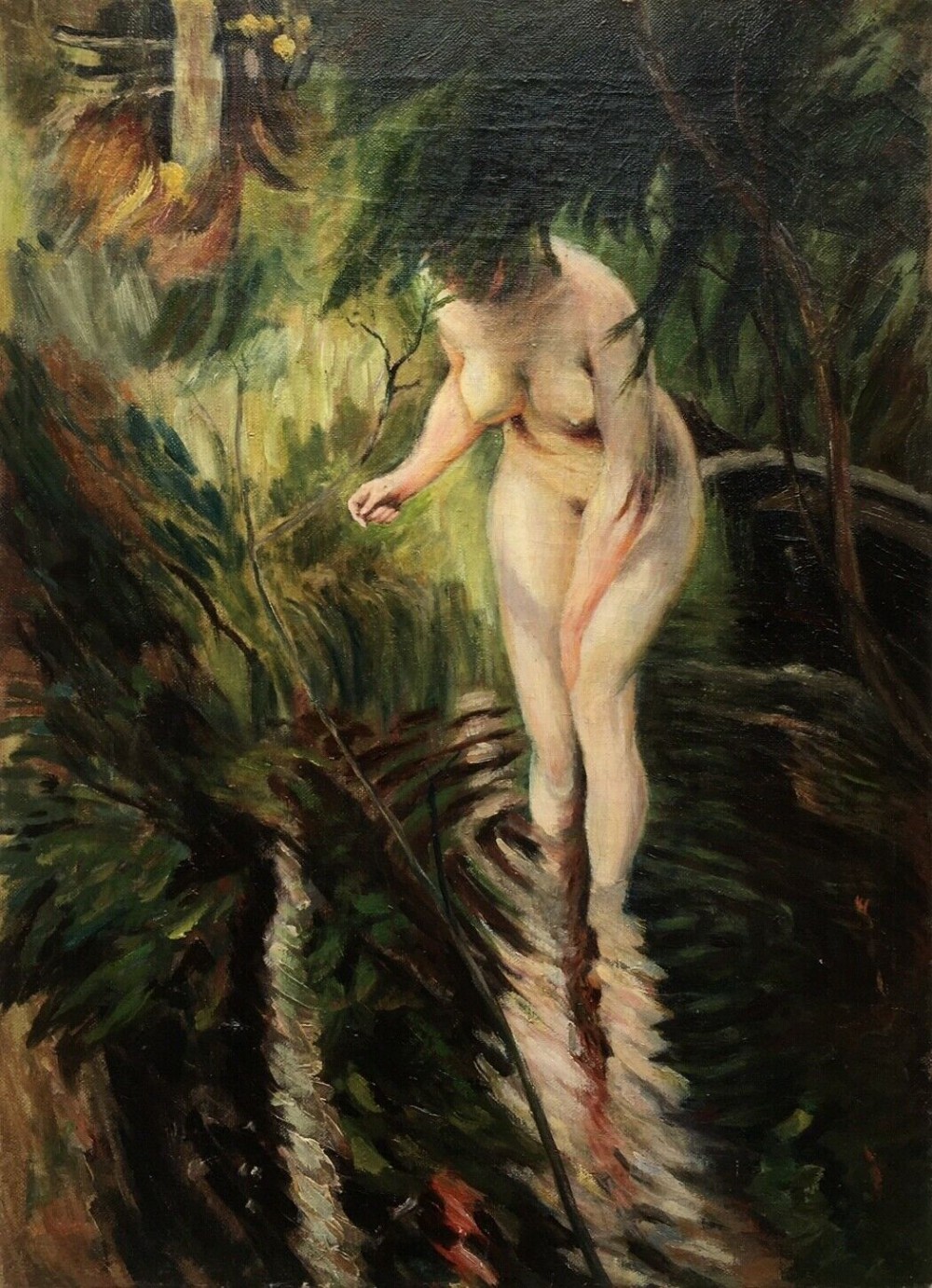Manner of Anders Zorn Original Early 20th Century Antique Oil Painting on Canvas Nude Bather & Pond