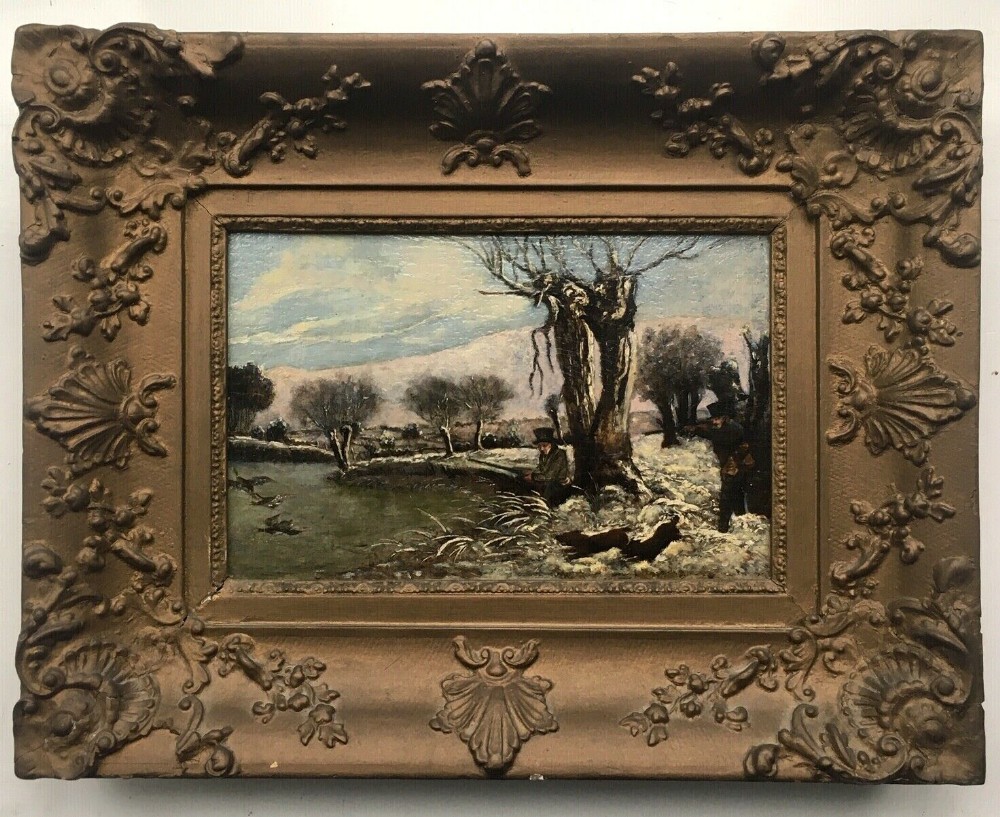 Original English School Antique Oil Painting on Wood Panel Duck Shooting with Dogs Winter Snow Landscape