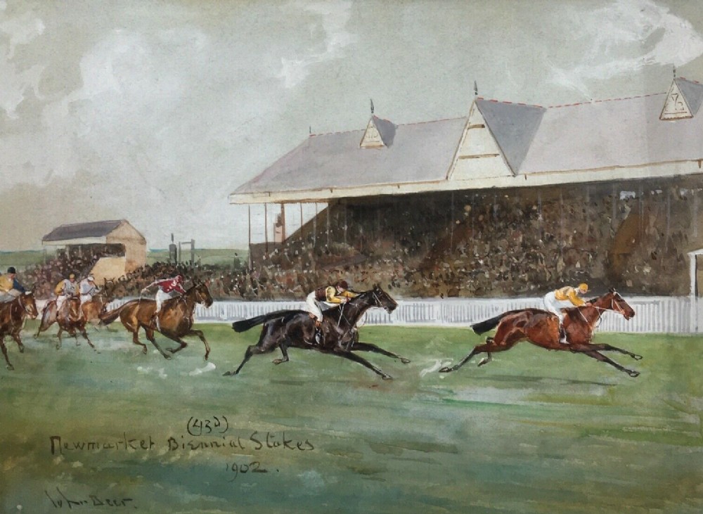 John Beer Signed 1902 Newmarket Biennial Stakes Original Antique Watercolour Painting