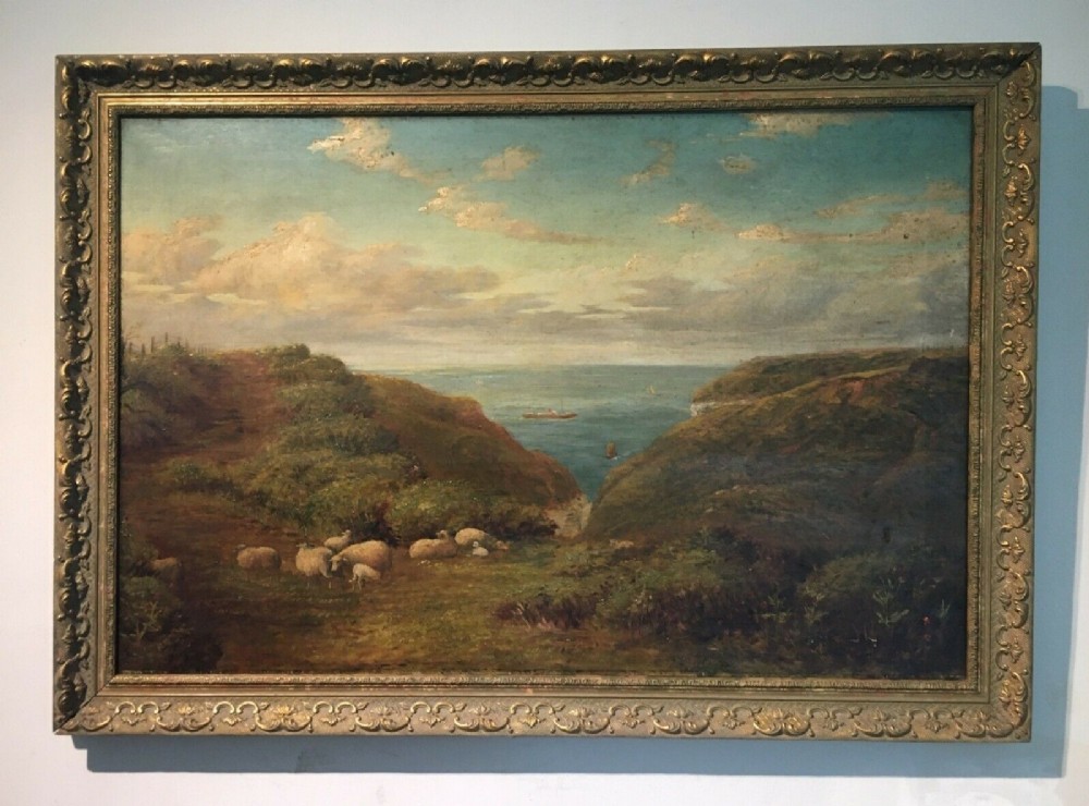Original English School Antique Oil Painting on Canvas Flamborough Yorkshire Landscape 