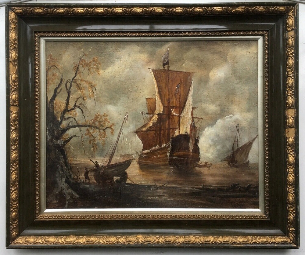 T Simpson 1879 Original Antique Oil Painting Attached to Board Sailing Ship in Cove Seascape