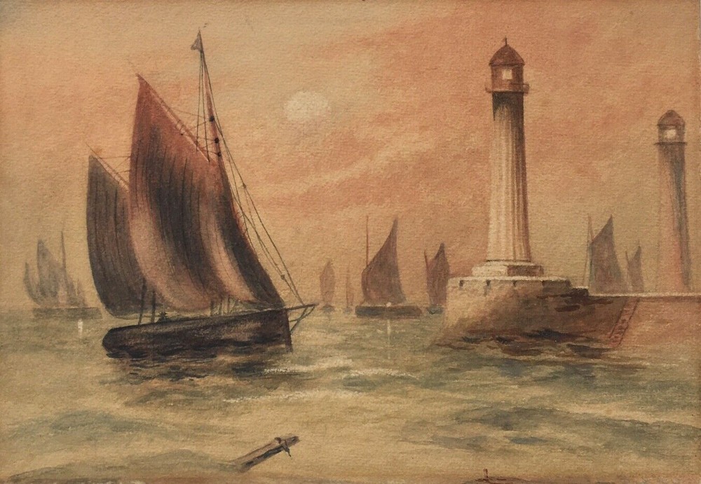 Manner of Henry Barlow Carter Original Antique Watercolour Painting Boats Whitby Harbour