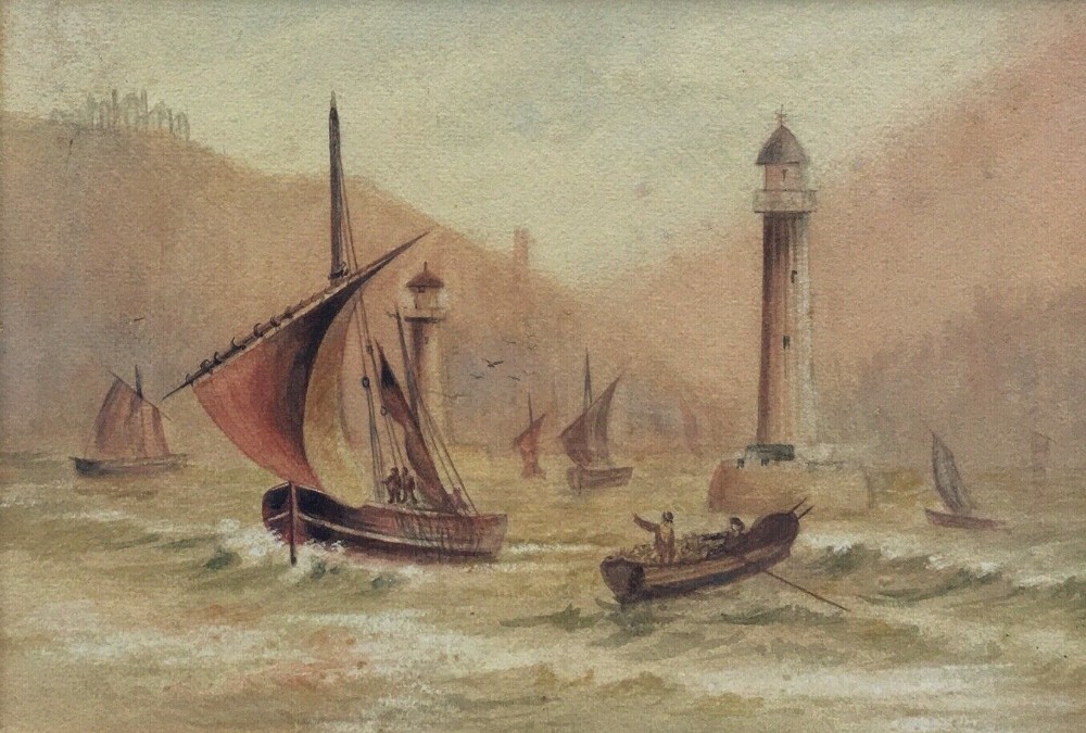 Manner of Henry Barlow  Carter Original Antique Watercolour Painting Boats Whitby Seascape
