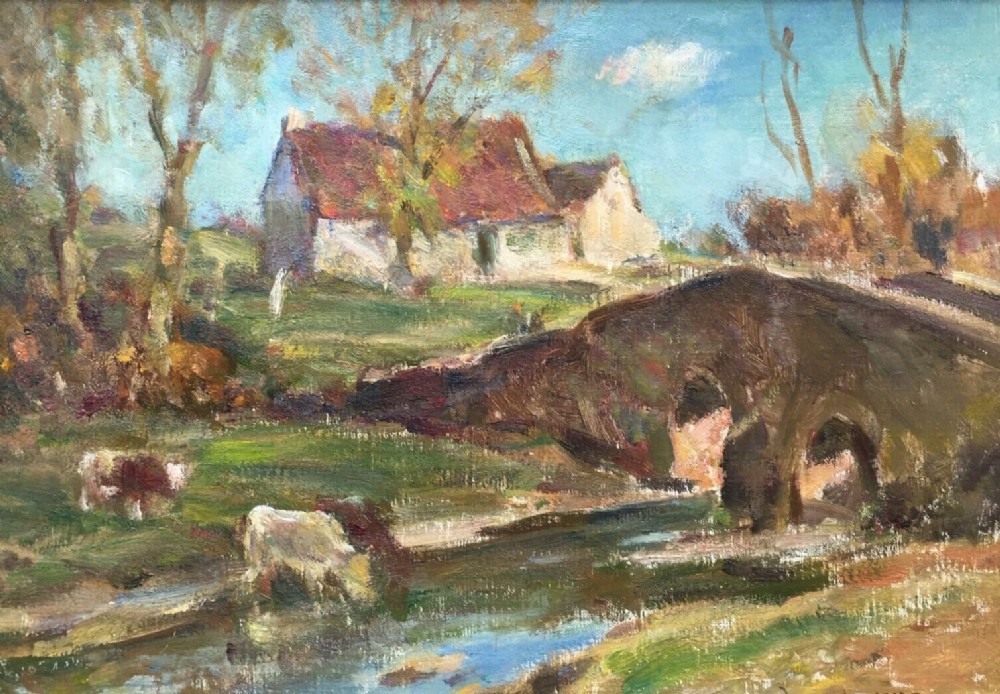 OWEN BOWEN Signed Original 20th Century English Oil Painting on Board Yorkshire Landscape Cattle before a Stone Bridge