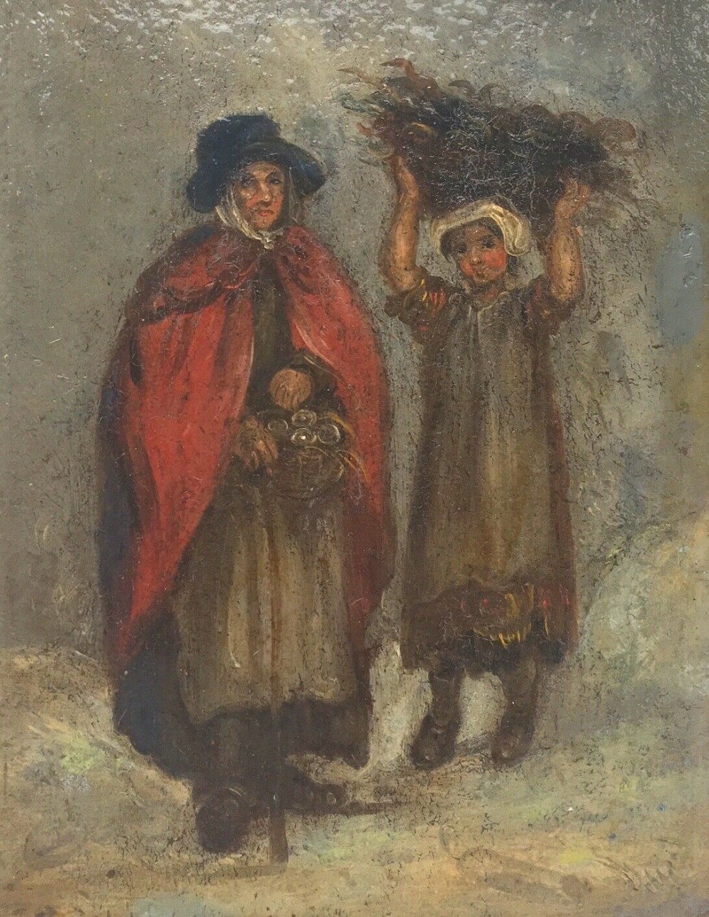 Attributed to J Barker (Manner of John Joseph) Market Lady & Young Girl with Basket Original 19th Century Antique Oil Painting 