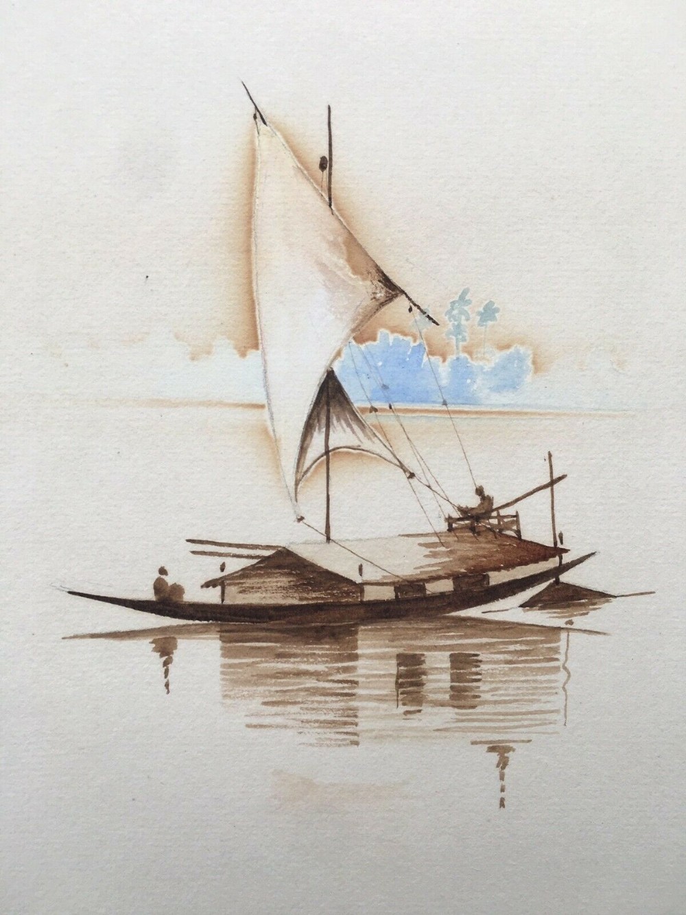 Gopal Ghose (G. Ghose) 1902 India Indian Original Antique Watercolour Painting Boat Seascape