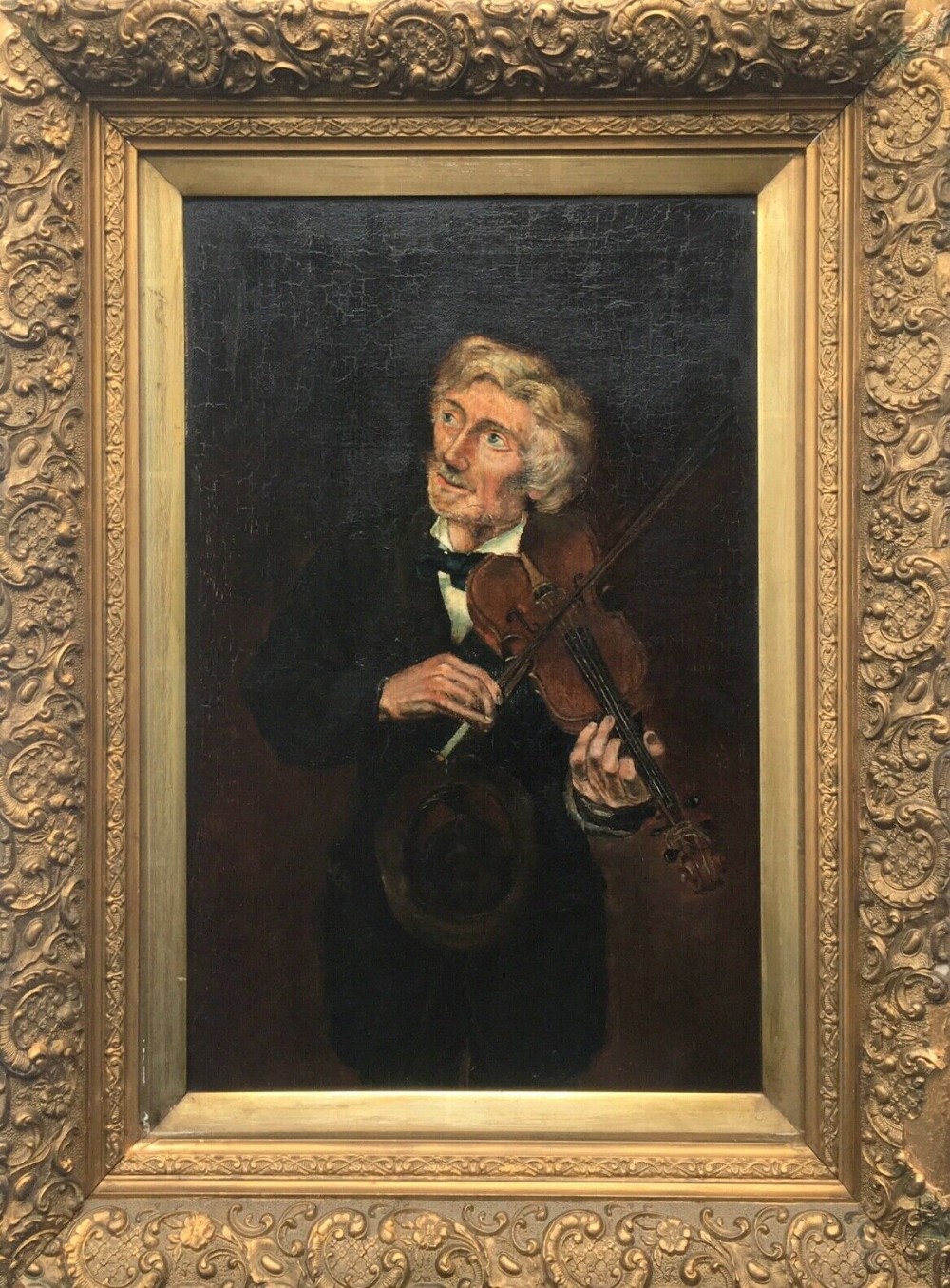 Original Antique Oil Painting English School Portrait of a man Playing a Violin