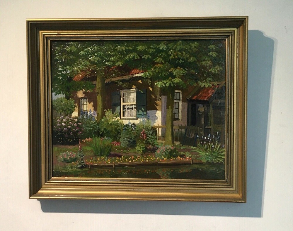 Indistinctly Signed Original English Antique Oil Painting Canvas attached to Board Country Cottage Garden with Horse Chestnut Trees