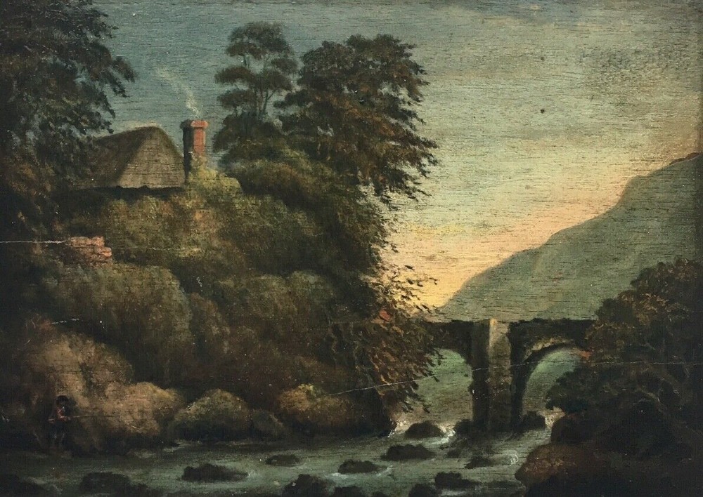 Original Early 19th Century Antique Oil Painting on Wood Panel River Landscape Bridge & Angler Dated 1804