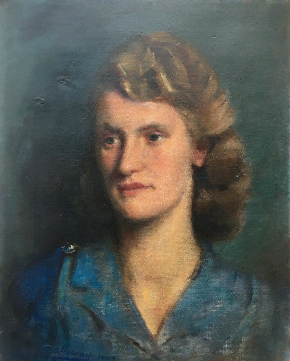 Vincent Galloway (1894–1977) Signed Original WW2 Period English Framed Oil Painting on Canvas Portrait of Lady in a Blue Dress