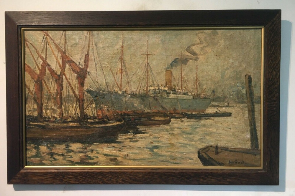 John Riddle Signed Original Vintage Oil Painting Steam & Fishing Boats Italy possibly Venice Harbour
