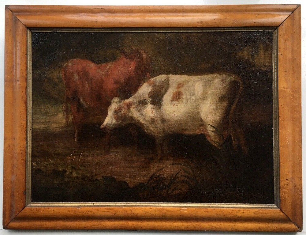 Original Early 19th Century Antique English School Oil Painting on Canvas Cattle Watering