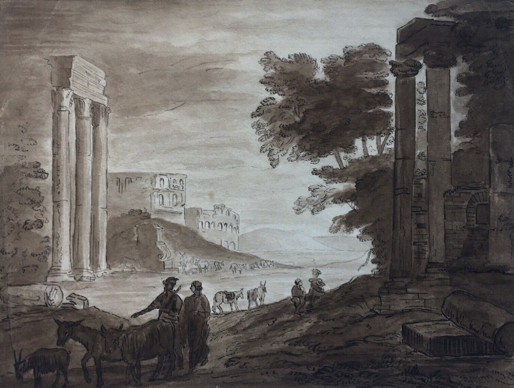 Style of CLAUDE LORRAIN Classical Landscape View Capriccio with Roman Ruin Original Antique Ink & Monochrome Wash Watercolour Painting