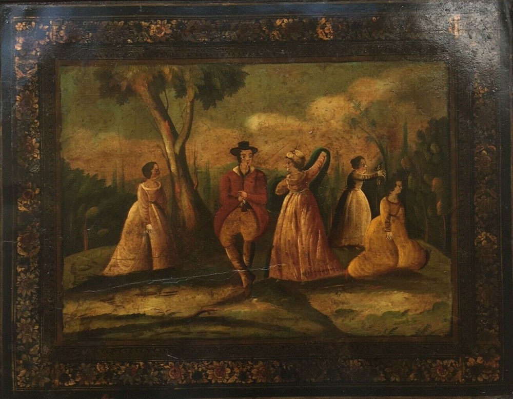 Regency Toleware Panel Early 19th Century Oil Painting Rustic Figures in a Classical Landscape with Decorative Floral Border