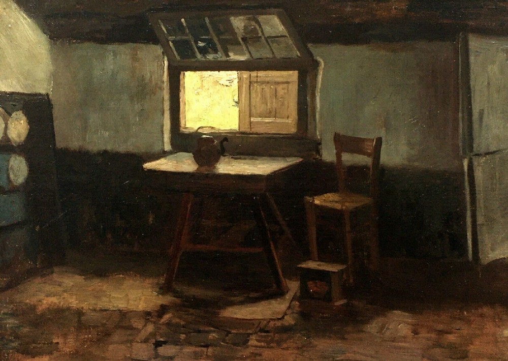Jacob Simon Hendrik Kever Signed Original 19th Century Antique Oil Painting on Panel Dutch Cottage Interior