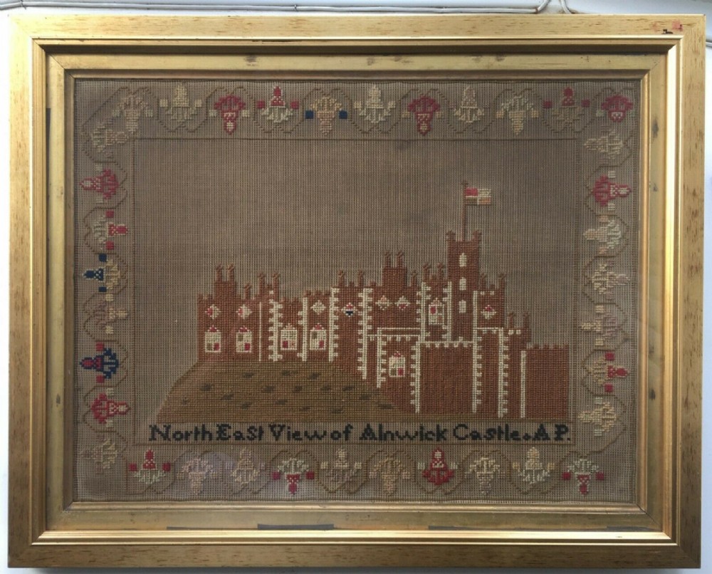 Antique Victorian Embroidery Sampler of North East View of Alnwick Castle