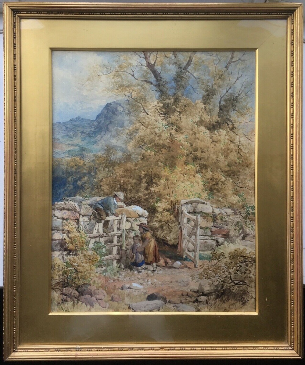 Henry J Holding 1850 Signed Watercolour Landscape Painting Children Climbing 
