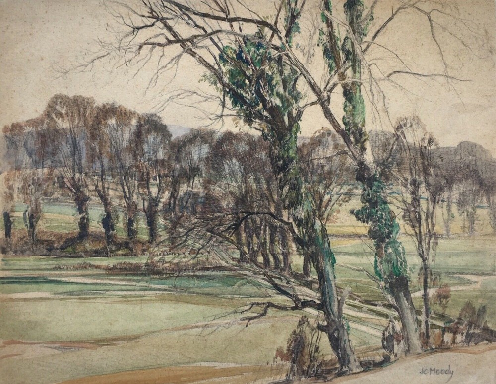 JOHN CHARLES MOODY Signed Original Vintage English Early 20th Century Watercolour Painting Tree Landscape