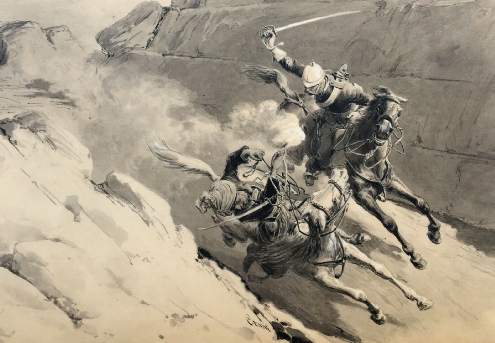 Quinto Cenni (1845-1917) Original Antique Study 1880 Khyber Pass Battle Scene