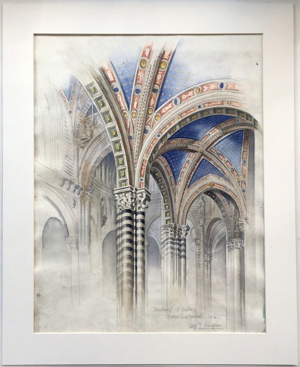 Original Signed Antique Watercolour Painting Architectural Study of Vaulting in Siena Cathedral Italy