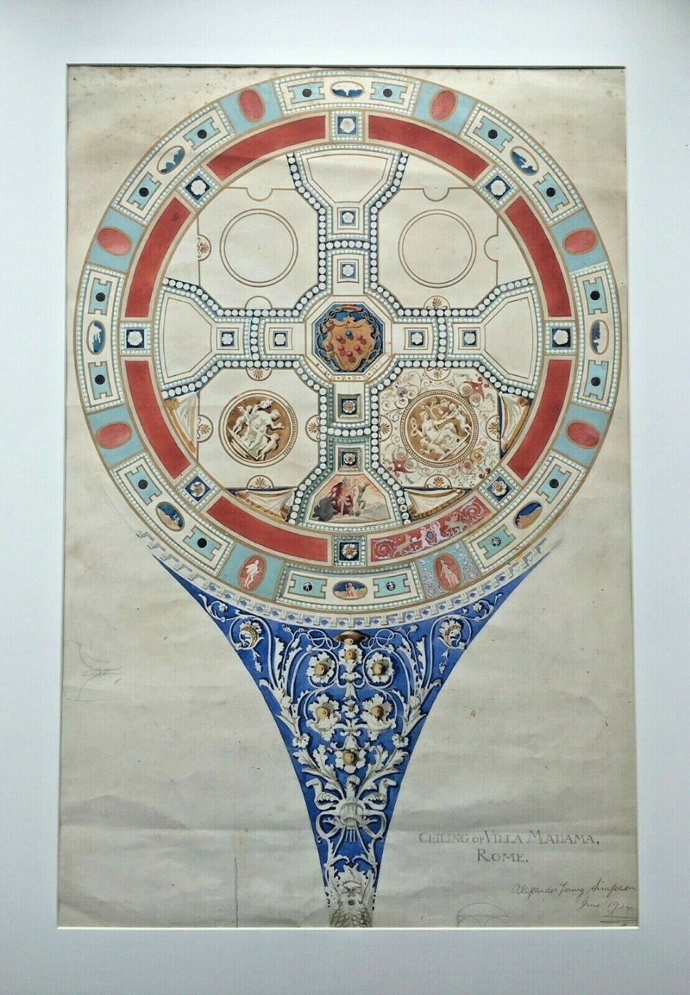 CEILING OF VILLA MADAMA Rome, Italy, Original Signed Antique Architetcural Study Watercolour Painting 