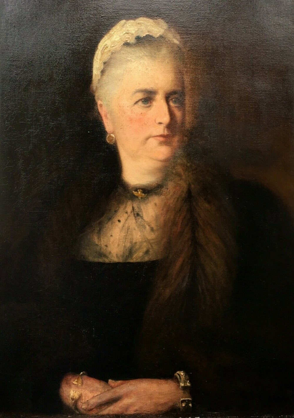 Original 19th Century English School Antique Oil Painting of Lady in Mourning Wearing a Fur Stole