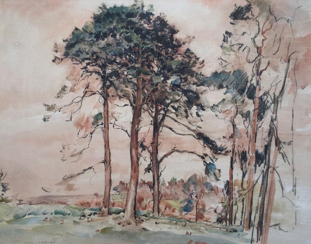 FRED LAWSON Original Early 20th Century Watercolour Painting Rabbits & Scots Pine Yorkshire Landscape