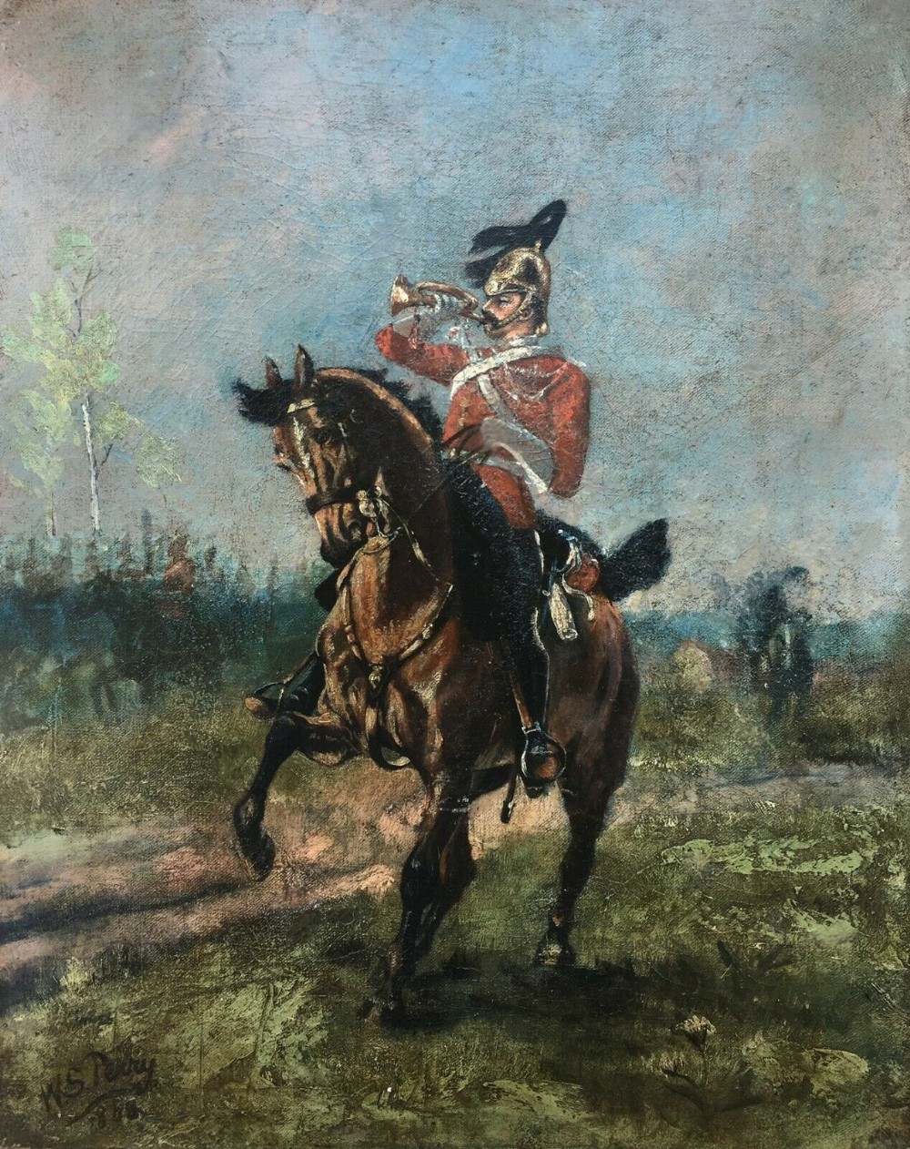 Signed Original 19th Century Antique Oil Painting Army Bugler Hertfordshire Yeomanry 1888