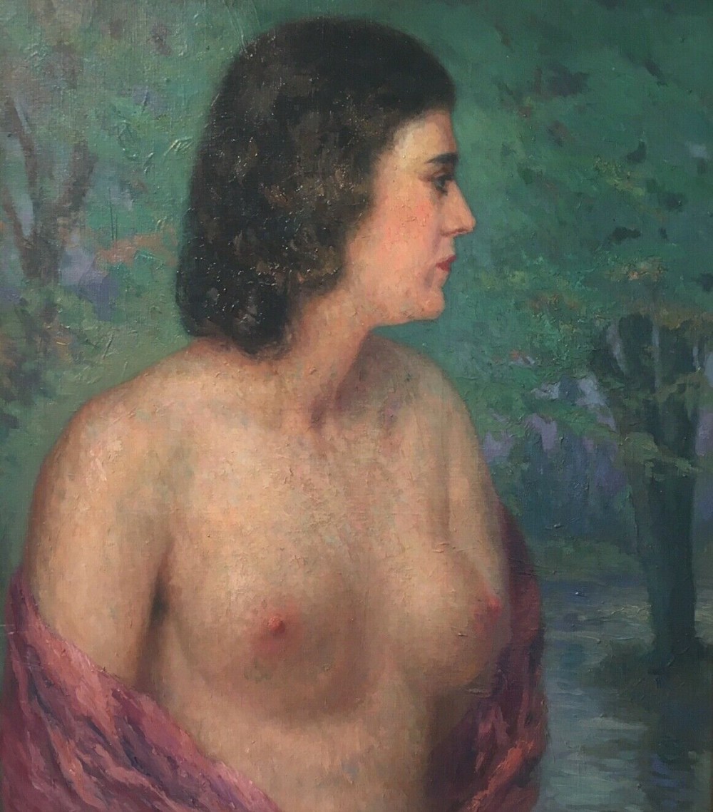 Dated 1947 Original Vintage Oil Painting on Canvas Life Portrait of a Female Nude against a Landscape