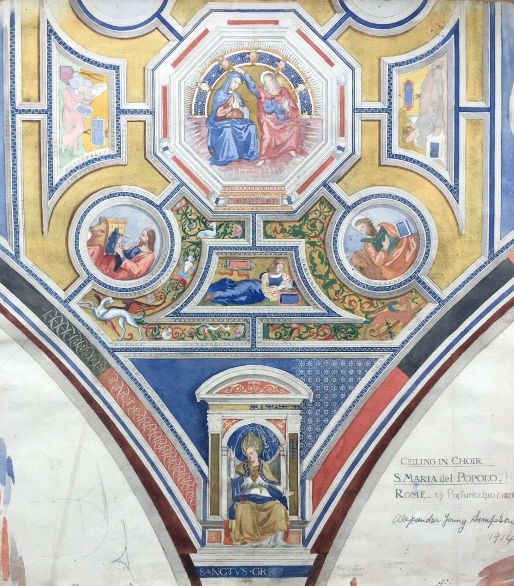 Ceiling of Santa Maria del Popolo, Rome, Italy, Original Antique Architectural Watercolour Painting 