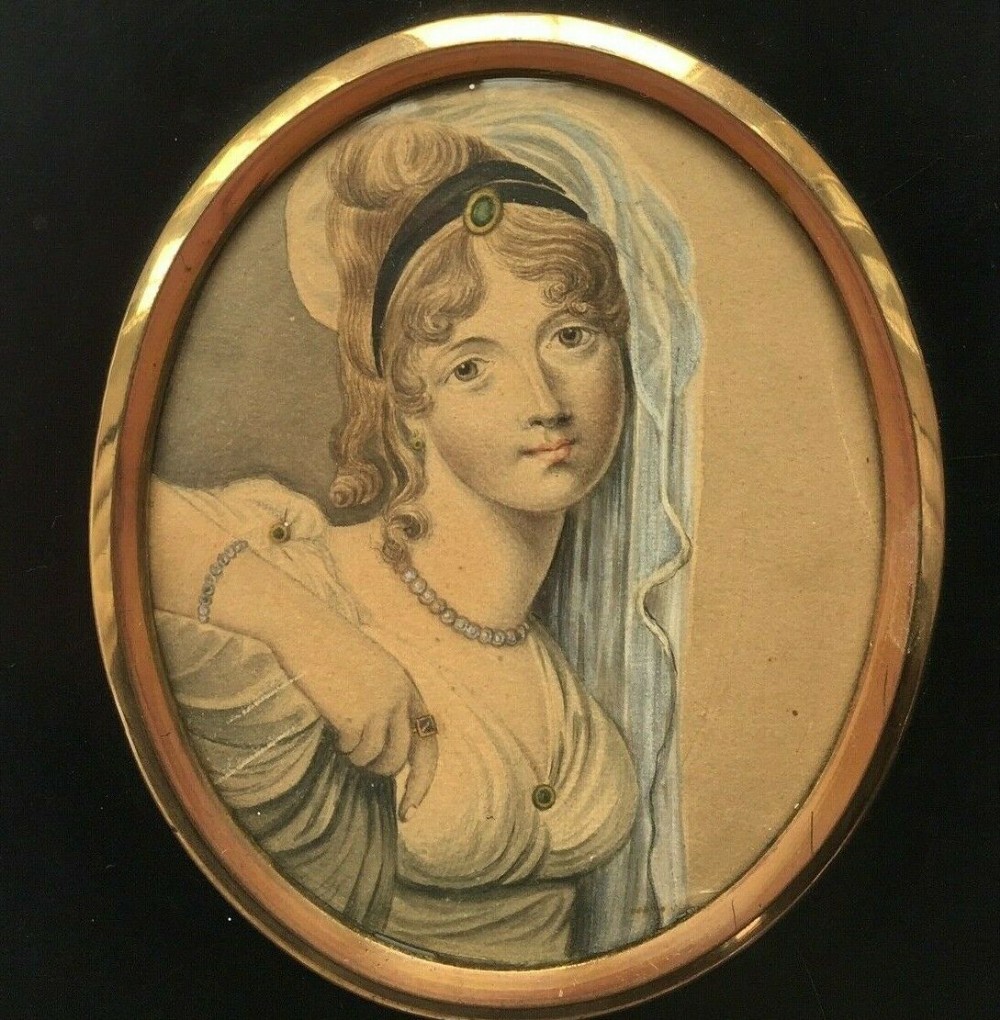 Paper Mache Framed Original Miniature Watercolour Painting Young Lady in Classical Dress & Veil