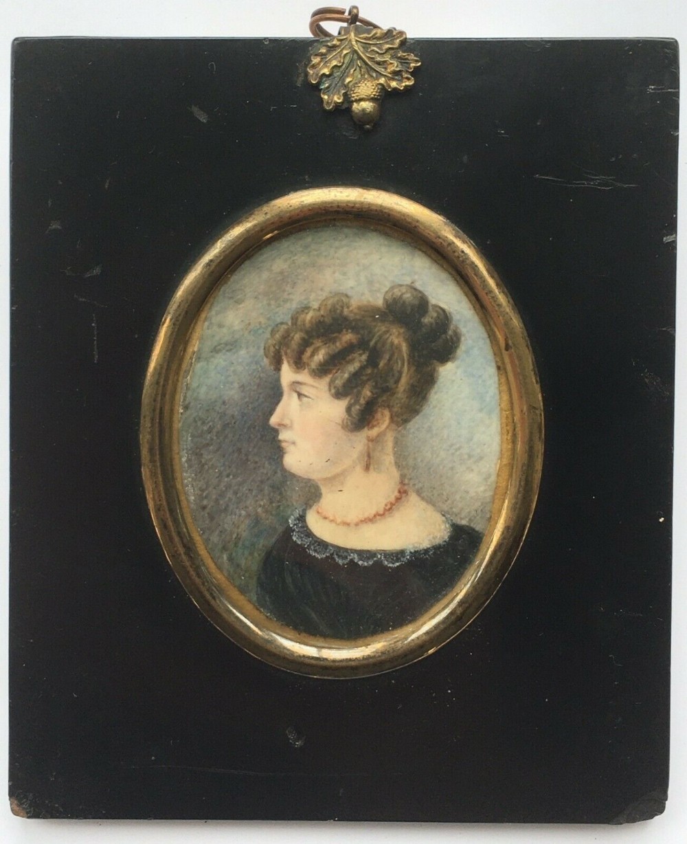 Miniature Original English Antique Watercolour Painting Paper Mache Frame Portrait Young Victorian Lady in Black Dress with Lace Collar