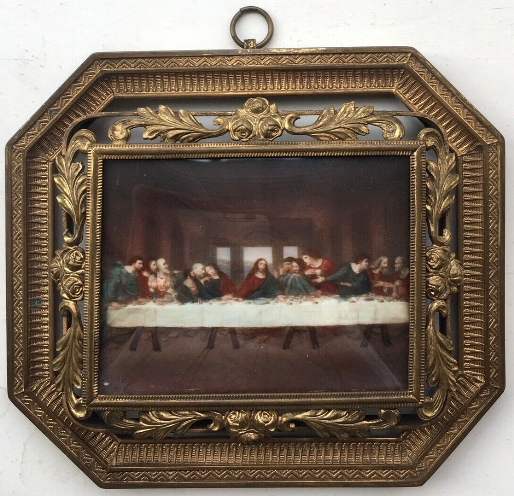 Original Antique Miniature Painting of the Last Supper Mounted in Glazed Gilt Frame