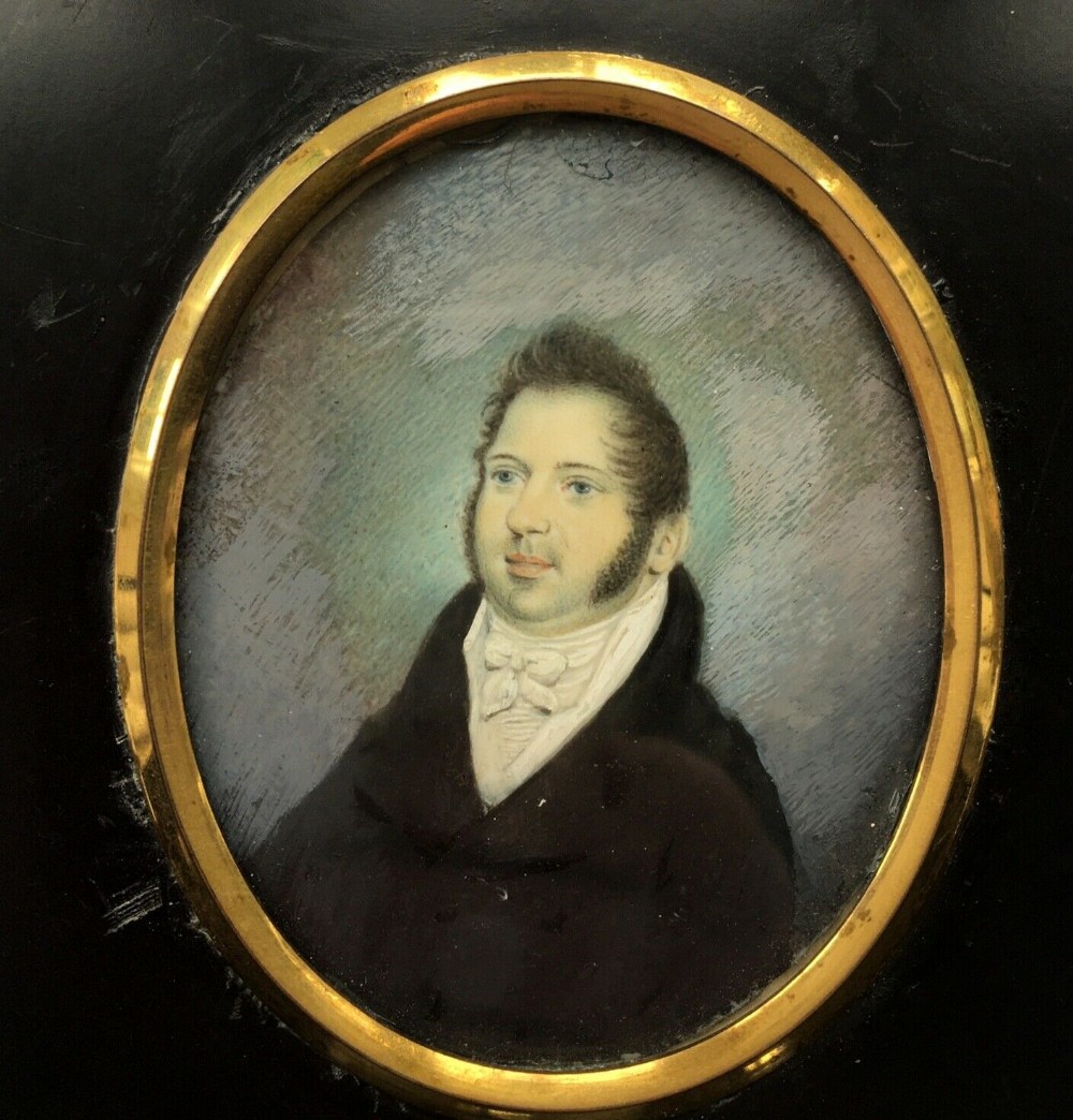 Original Early 19th Century Miniature English Antique Watercolour Painting in Paper Mache Frame Gentleman with Side Whiskers