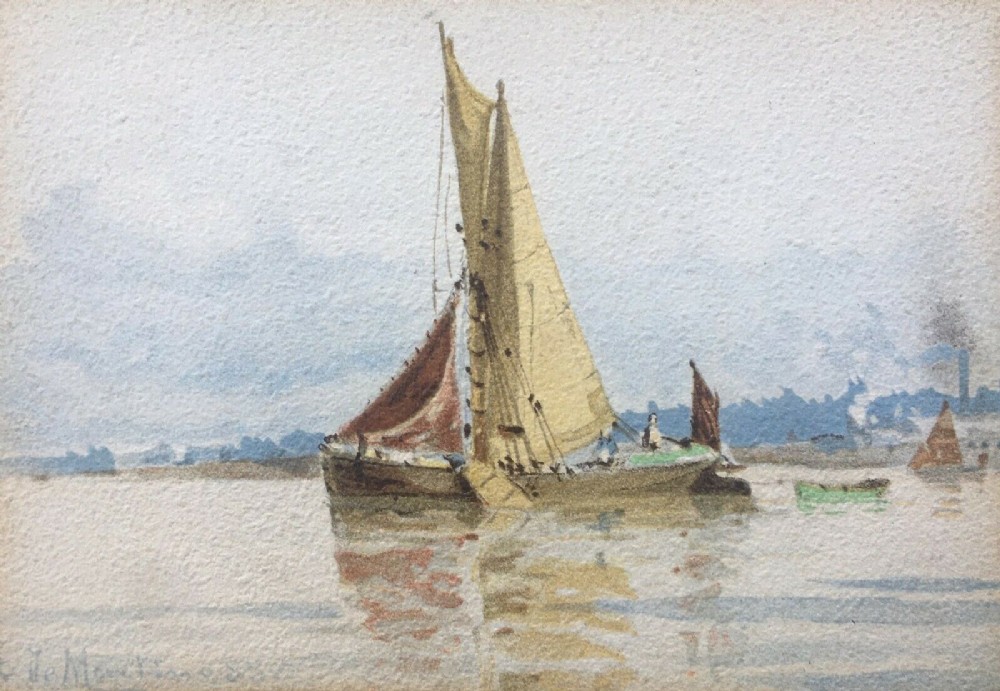 Edoardo De Martino Signed Original 19th Century Antique Miniature Watercolour Painting English Port Seascape