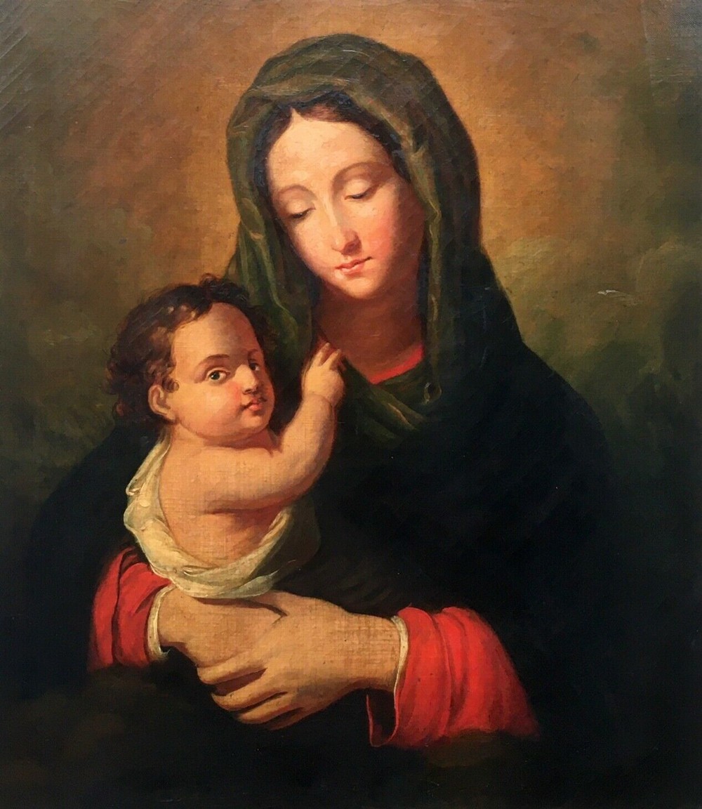 Manner of Sassoferrato Original Antique Oil Painting on Canvas Portrait of Madonna & Child